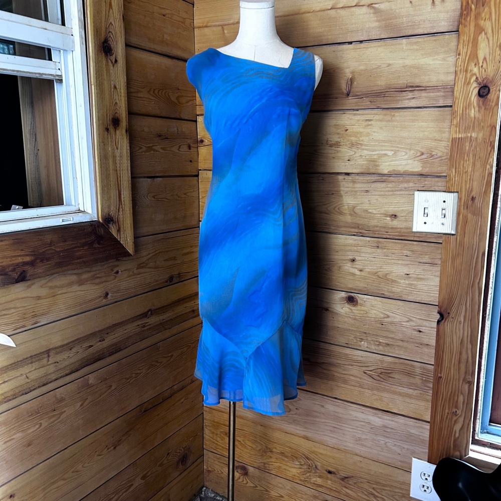 Vintage Watercolor Blue Mesh Dress Women Size 12 Asymmetrical Y2K Jolibel